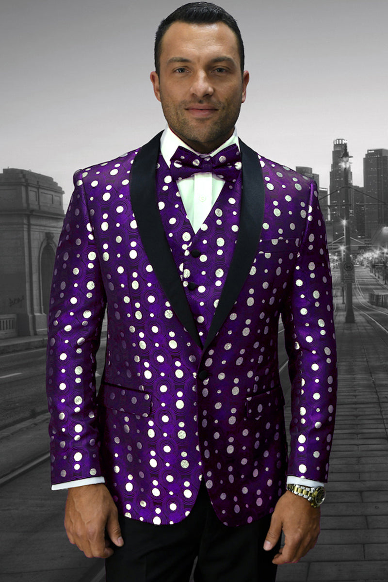 Men's Designer Vested Prom Tuxedo in Purple Polka Dot