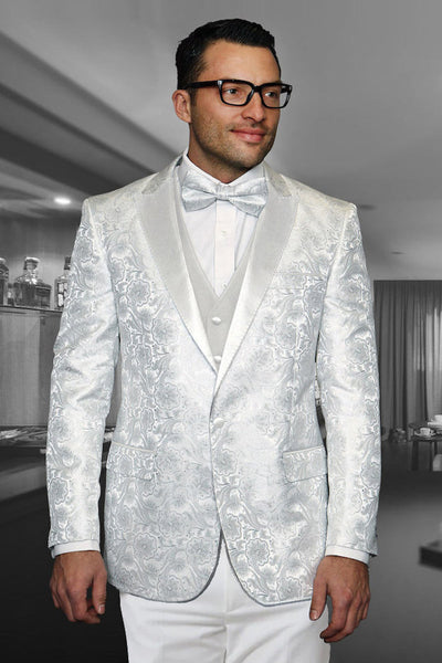 Men's Designer Vested Shiny Satin Pailey Peak Lapel Wedding Tuxedo in White