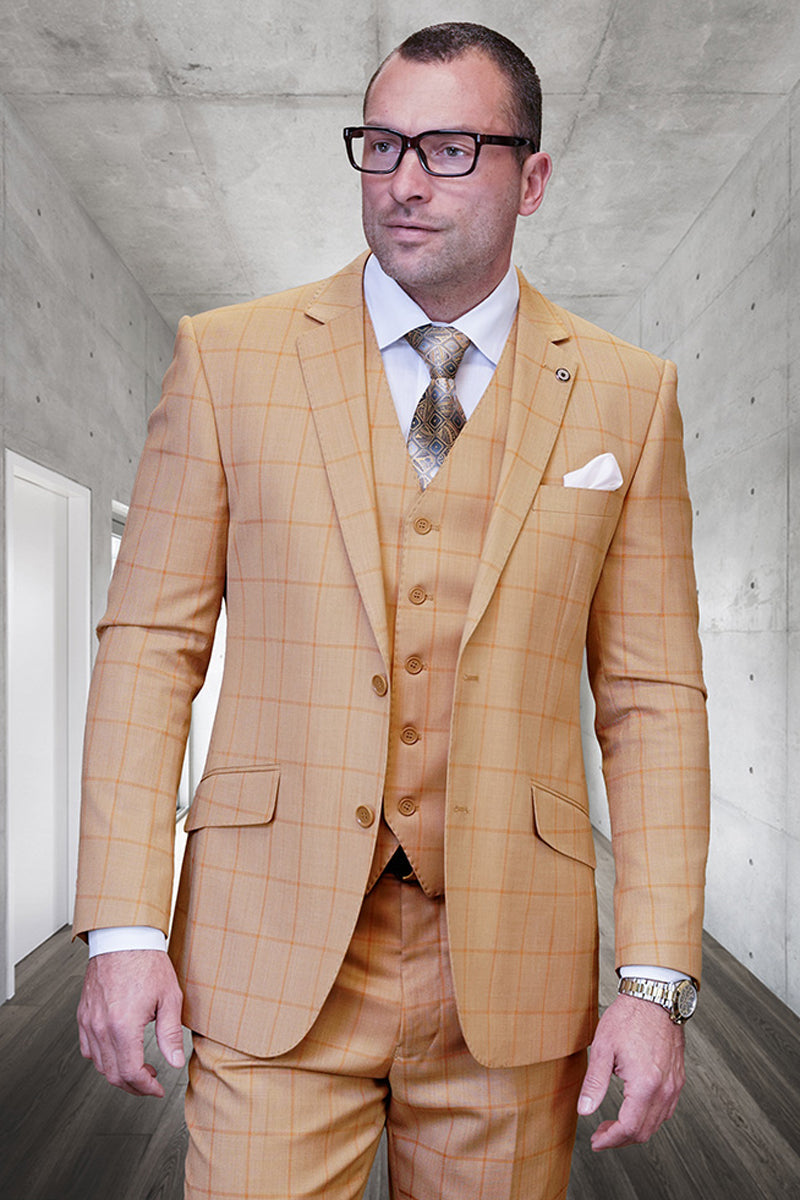 Men's Designer Modern Fit Wool Vested Suit in Camel Tonal Windowpane Plaid