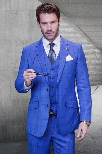 Men's Designer Modern Fit Wool Vested Suit in Sapphire Blue Tonal Windowpane Plaid