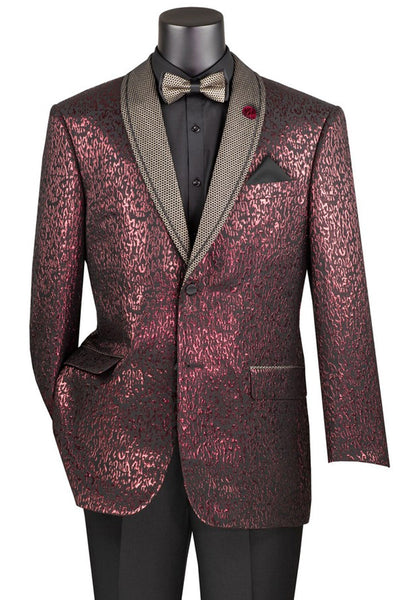 Men's Two Button Modern Fit Shawl Lapel Tuxedo Jacket in Shiny Glitter Burgundy