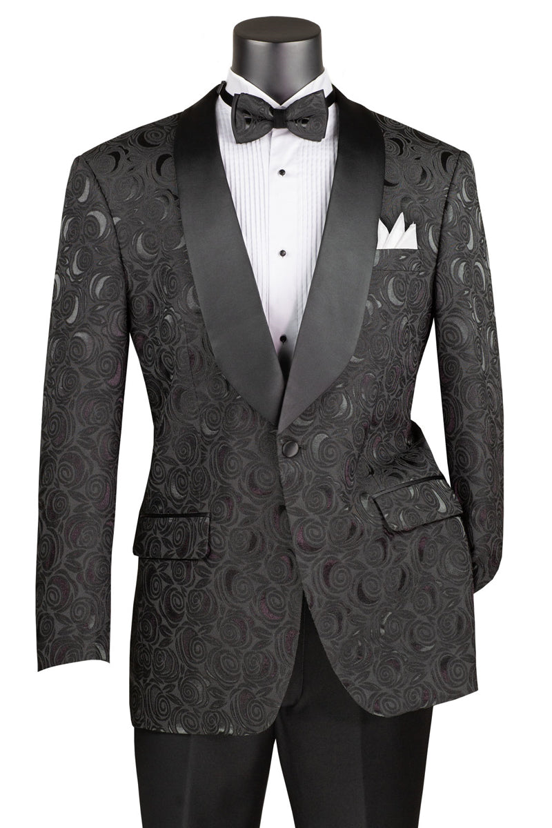 Men's Regular Fit Square Shawl Prom & Wedding Tuxedo Jacket in Black Paisley Rose Print