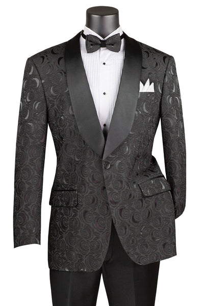 Men's Regular Fit Square Shawl Prom & Wedding Tuxedo Jacket in Black Paisley Rose Print