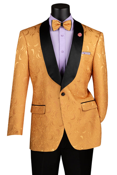 Men's Regular Fit Square Shawl Prom & Wedding Tuxedo Jacket in Gold Paisley Rose Print