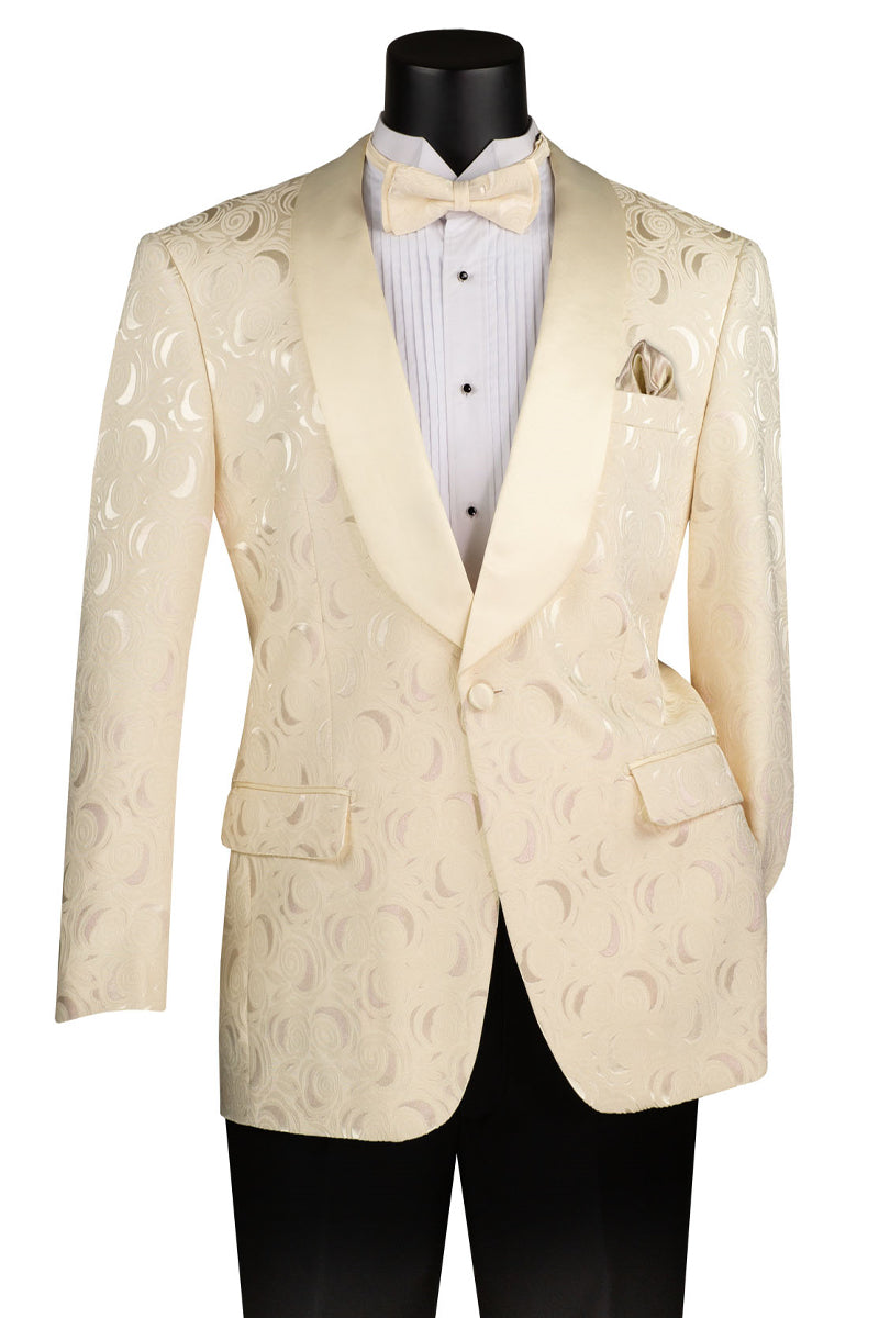 Men's Regular Fit Square Shawl Prom & Wedding Tuxedo Jacket in Light Champagne Paisley Rose Print