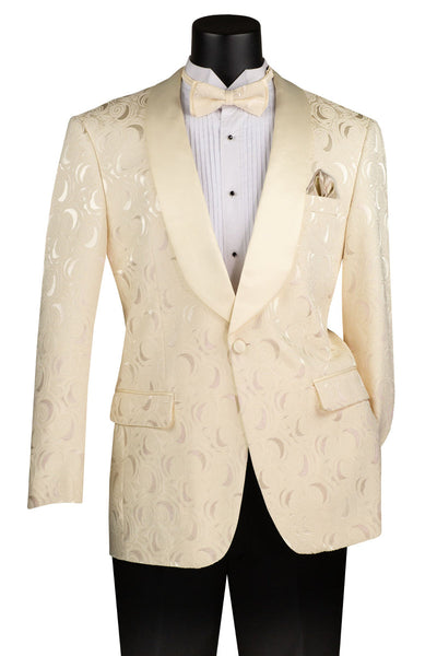 Men's Regular Fit Square Shawl Prom & Wedding Tuxedo Jacket in Light Champagne Paisley Rose Print
