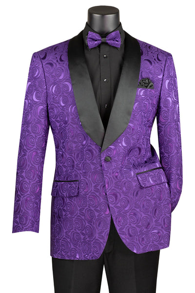 Men's Regular Fit Square Shawl Prom & Wedding Tuxedo Jacket in Purple Paisley Rose Print