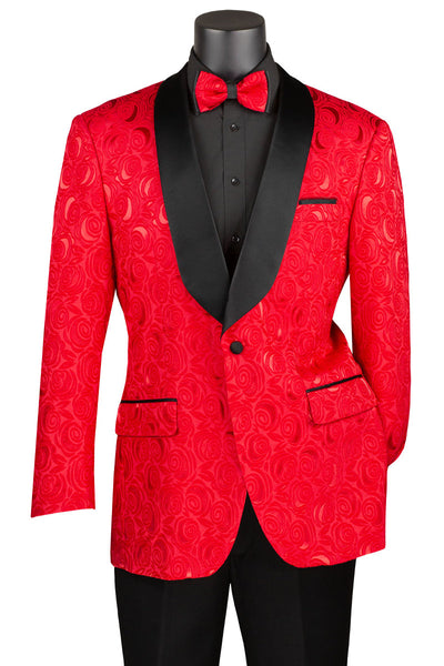 Men's Regular Fit Square Shawl Prom & Wedding Tuxedo Jacket in Red Paisley Rose Print