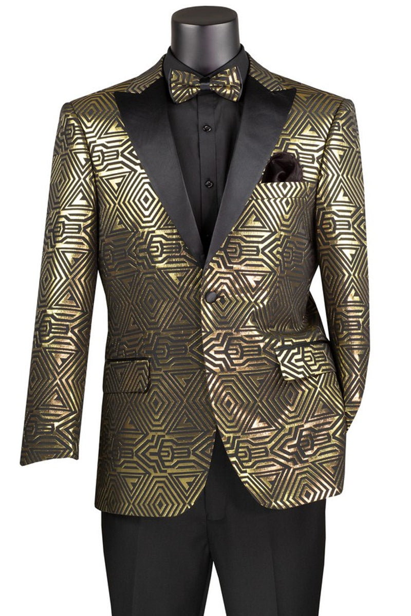 Men's Modern Fit Peak Lapel Tuxedo Jacket in Gold Geometric Print