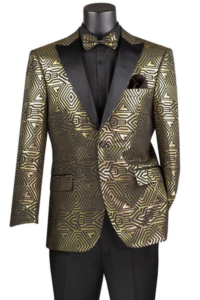 Men's Modern Fit Peak Lapel Tuxedo Jacket in Gold Geometric Print