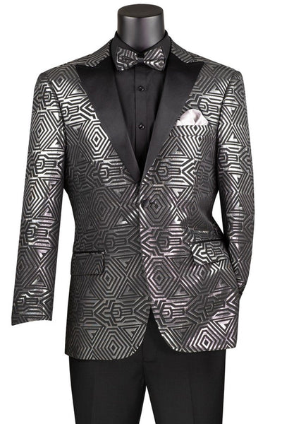 Men's Modern Fit Peak Lapel Tuxedo Jacket in Silver Geometric Print