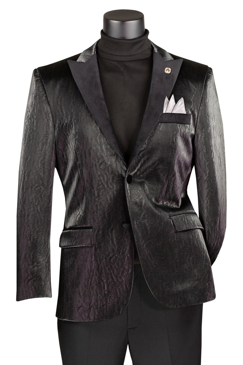 Men's Two Button Peak Lapel Vegan Leather Blazer in Black