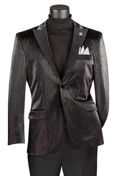 Men's Two Button Peak Lapel Vegan Leather Blazer in Black