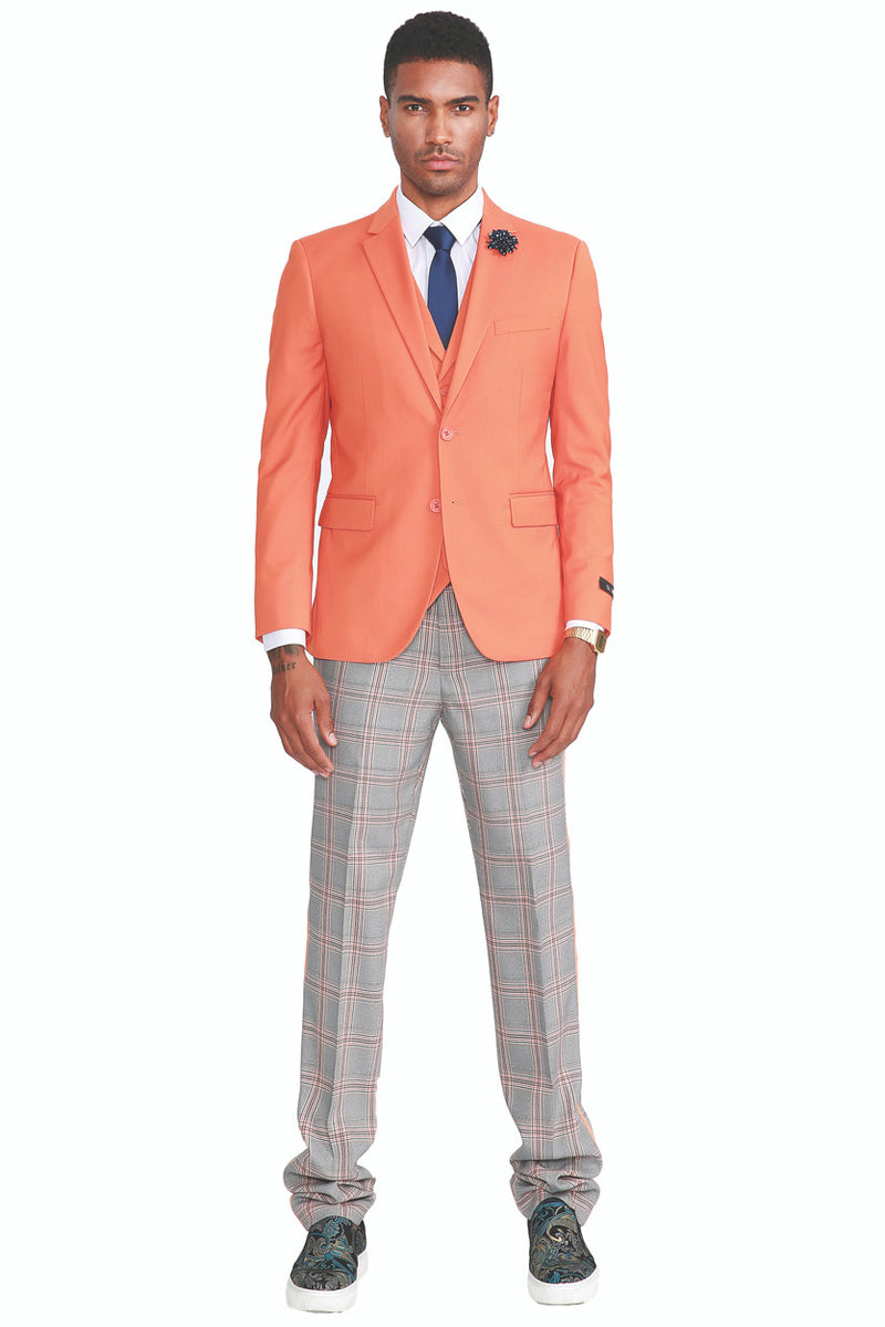 Men's Two Button Vested Summer Suit in Orange with Grey & Orange Plaid Pants