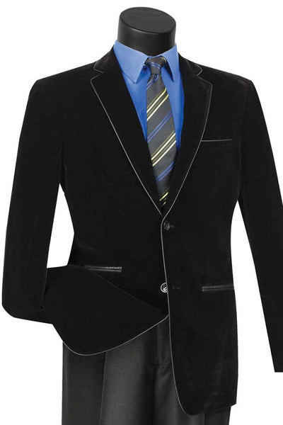 Men's 2 Button Velvet Blazer in Black with Black leather Piping Trim