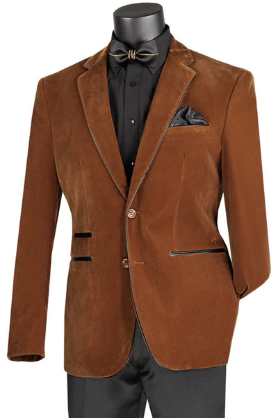 Men's 2 Button Velvet Blazer in Light Brown with Black leather Piping Trim