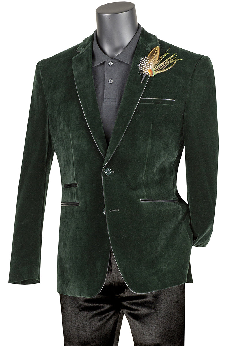 Men's 2 Button Velvet Blazer in Emerald Green with Black leather Piping Trim