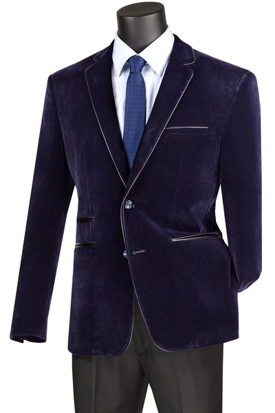 Men's 2 Button Velvet Blazer in Navy Blue with Black leather Piping Trim