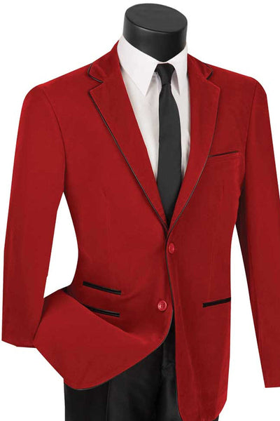 Men's 2 Button Velvet Blazer in Red with Black leather Piping Trim