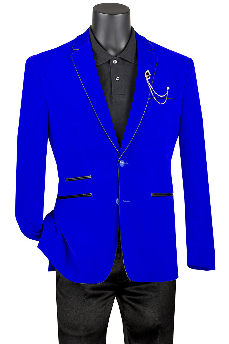 Men's 2 Button Velvet Blazer in Royal Blue with Black leather Piping Trim