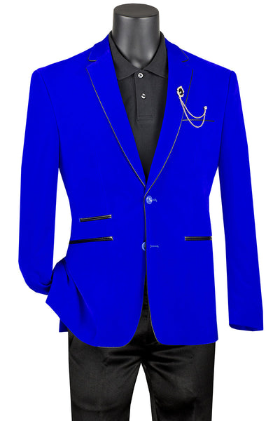 Men's 2 Button Velvet Blazer in Royal Blue with Black leather Piping Trim