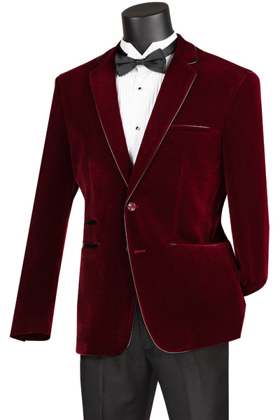 Men's 2 Button Velvet Blazer in Burgundy with Black leather Piping Trim