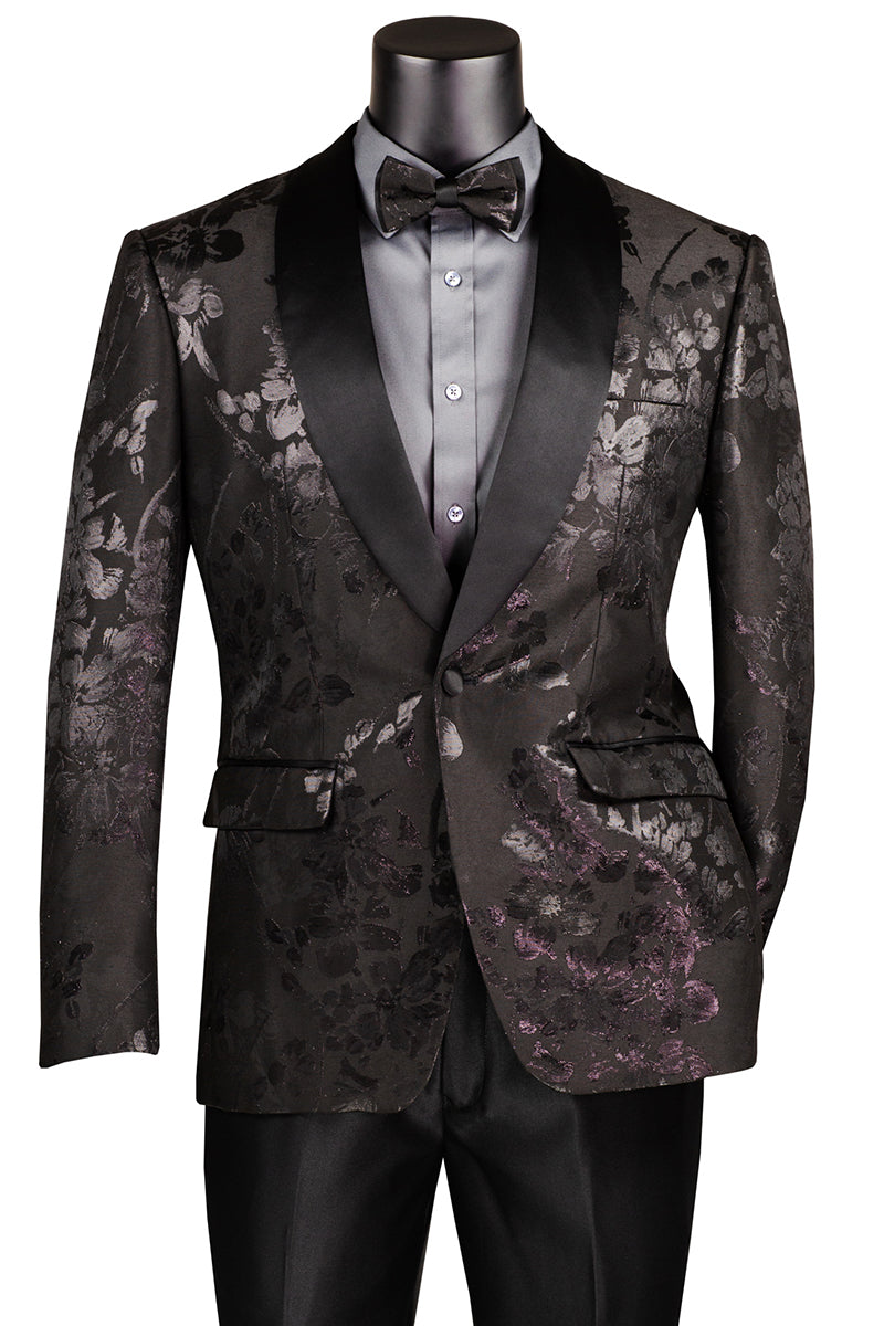 Men's Shiny Foil Floral Paisley Prom & Wedding Tuxedo Jacket in Black ...
