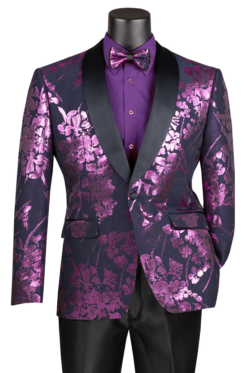 Men's Shiny Foil Floral Paisley Prom & Wedding Tuxedo Jacket in Purple Lavender
