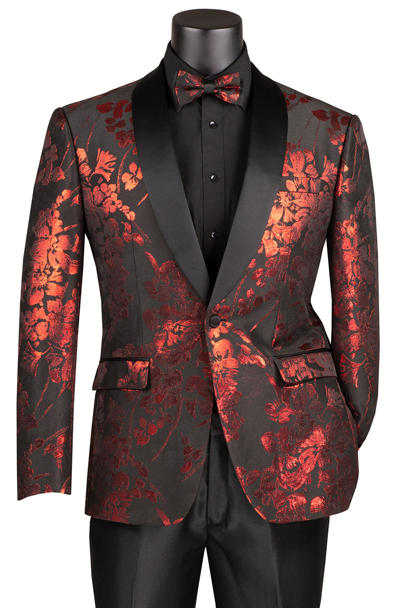 Men's Shiny Foil Floral Paisley Prom & Wedding Tuxedo Jacket in Red ...