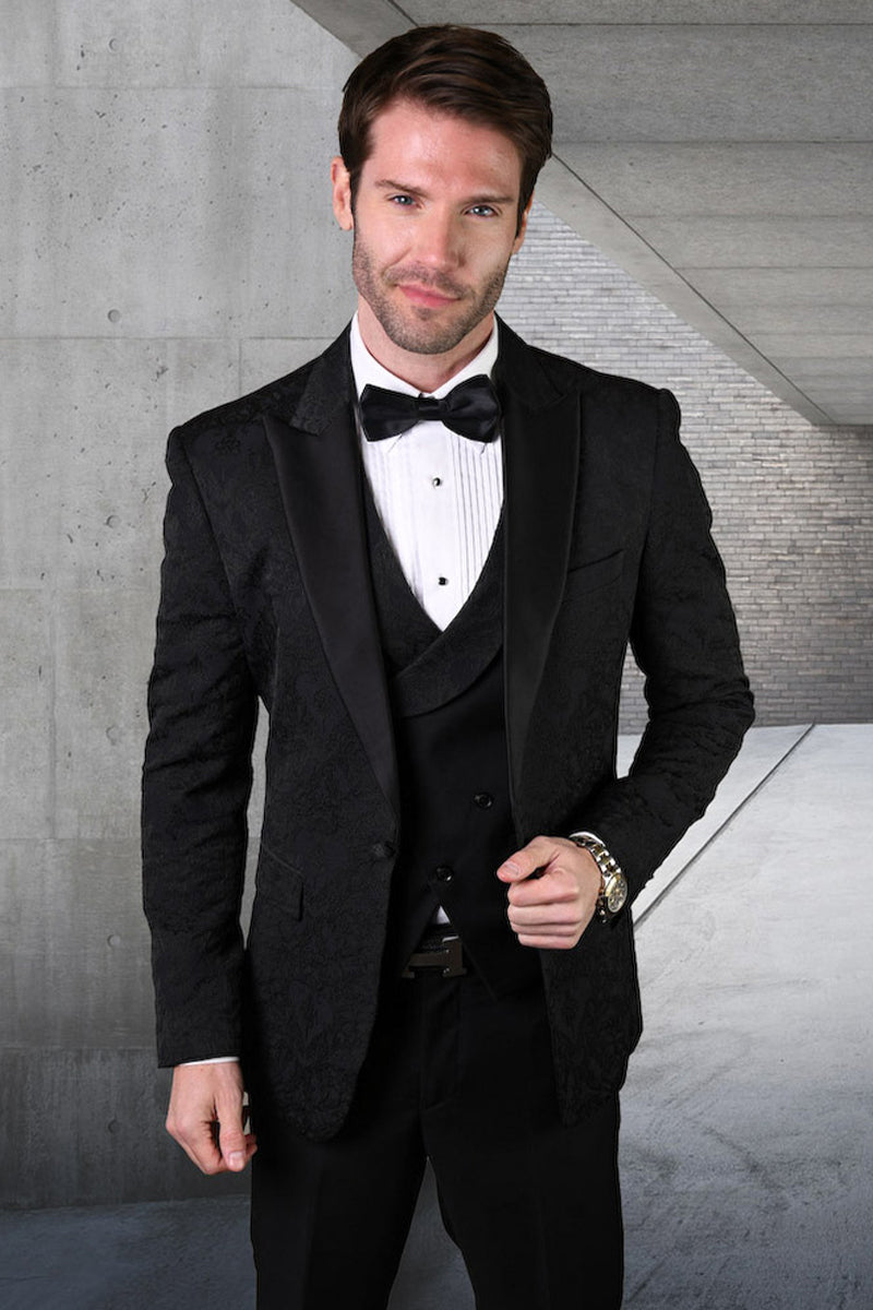 Men's Designer Vested Tonal Paisley Wedding & Prom Tuxedo in Black