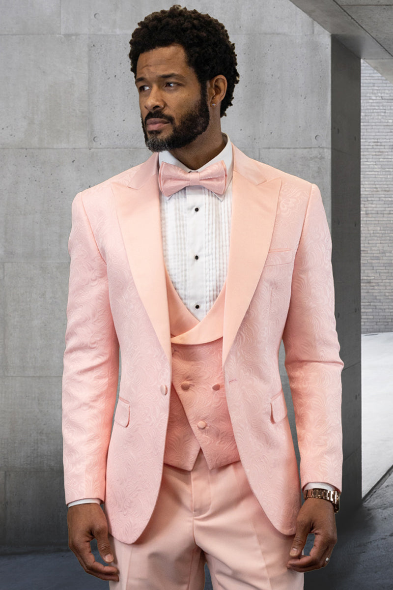 Men's Designer Vested Tonal Paisley Wedding & Prom Tuxedo in Blush Pink