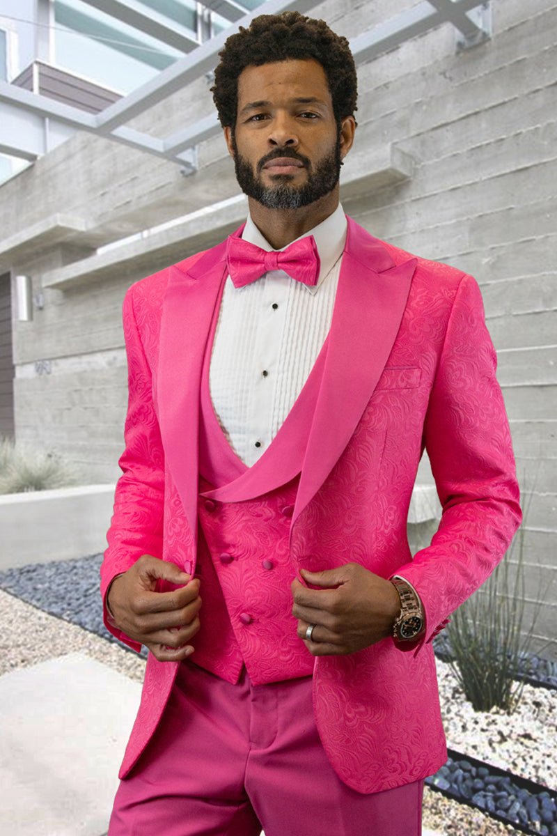 Men's Designer Vested Tonal Paisley Wedding & Prom Tuxedo in Hot Pink Fuchsia