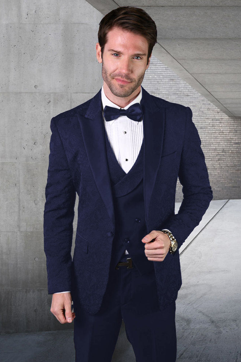 Men's Designer Vested Tonal Paisley Wedding & Prom Tuxedo in Navy Blue