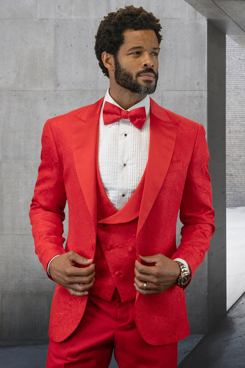 Men's Designer Vested Tonal Paisley Wedding & Prom Tuxedo In Red 