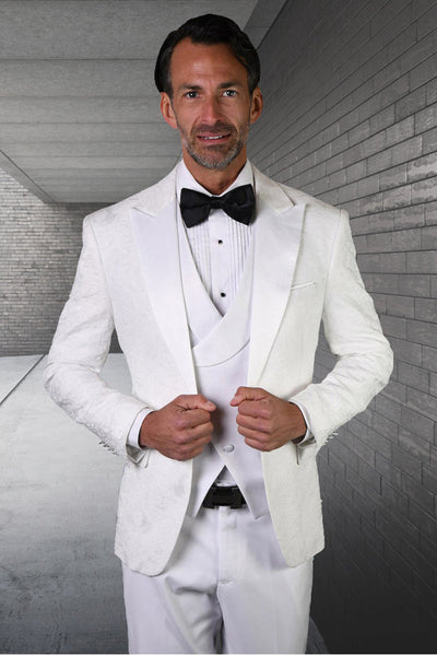 Men's Designer Vested Tonal Paisley Wedding & Prom Tuxedo in White