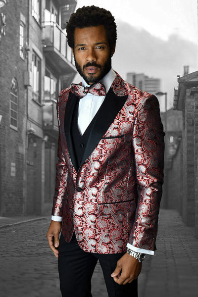 Men's Vested One Button Satin Paisley Prom & Wedding Tuxedo in Red