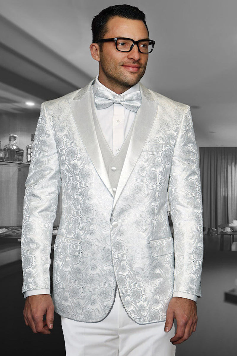 Men's Vested One Button Satin Paisley Prom & Wedding Tuxedo in White