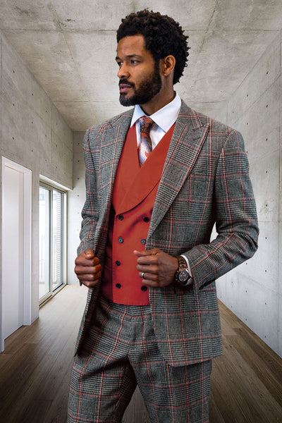 Men's Designer Vested Wool Professors Windowpane Plaid Suit in Grey & Copper