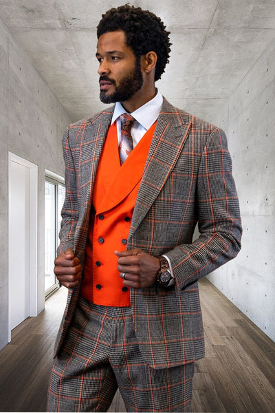 Men's Designer Vested Wool Professors Windowpane Plaid Suit in Grey & Coral Orange