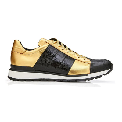 Men's Belvedere Blake Ostrich Leg & Italian Calf Leather Dress Sneaker in Black & Gold