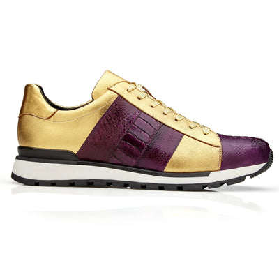 Men's Belvedere Blake Calf & Ostrich Leg Dress Sneaker in Purple & Gold