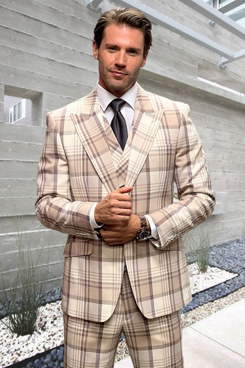 Men's Vested Wide Peak Lapel Bold Windowpane Plaid Suit in Tan