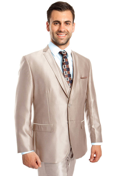 Men's Two Button Vested Shiny Sharkskin Wedding & Prom Fashion Suit in Champagne Light Tan