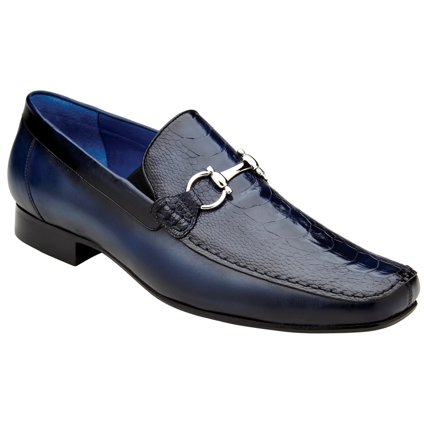 Men's Belvedere Bruno Calfskin & Ostrich Leg Buckle Loafer in Navy