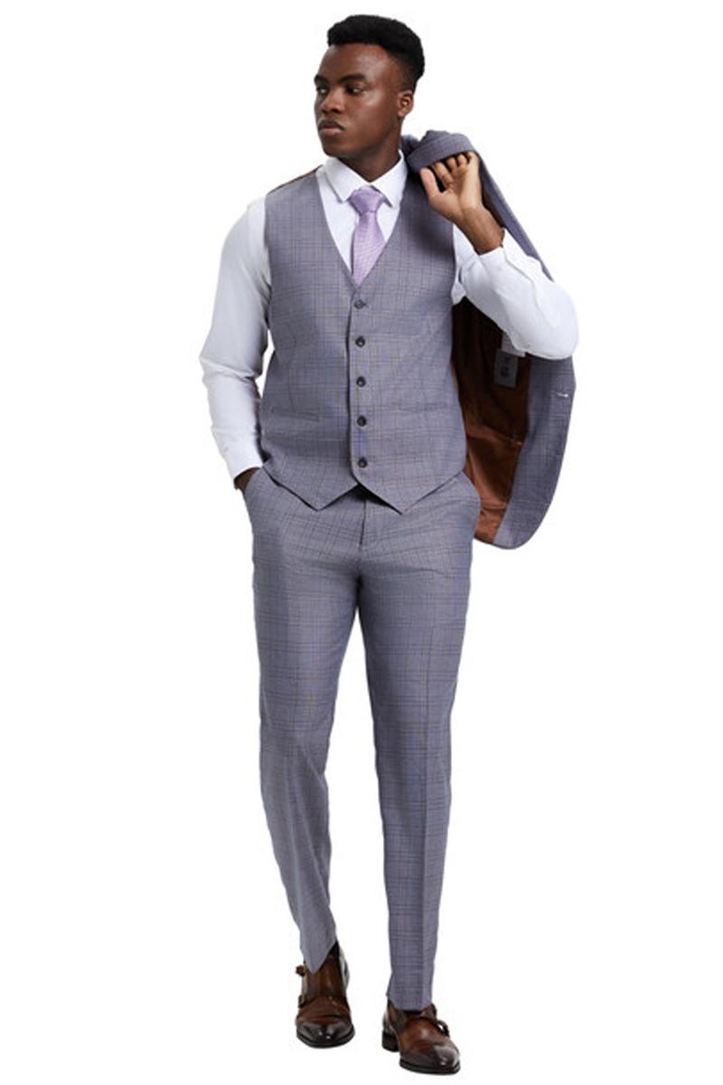 Men's Stacy Adams Vested One Button Wide Peak Lapel Windowpane Plaid Suit in Light Grey