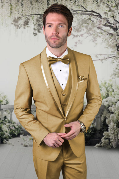 Men's Vested Satin Trim Shawl Wedding & Prom Tuxedo in Champagne