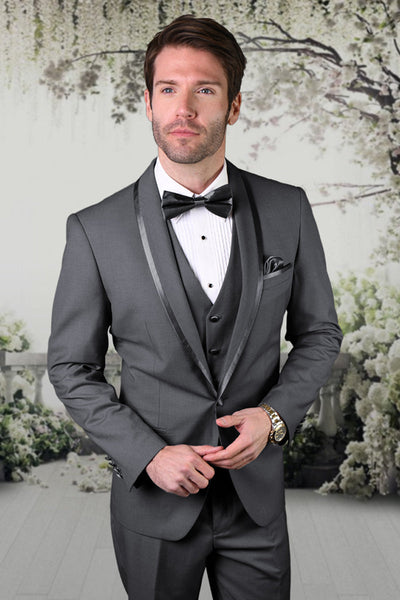 Men's Vested Satin Trim Shawl Wedding & Prom Tuxedo in Charcoal