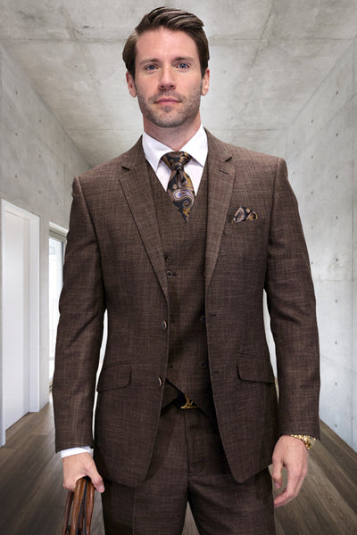 Men's Designer Wool Vested Modern Fit Sharkskin Suit in Brown