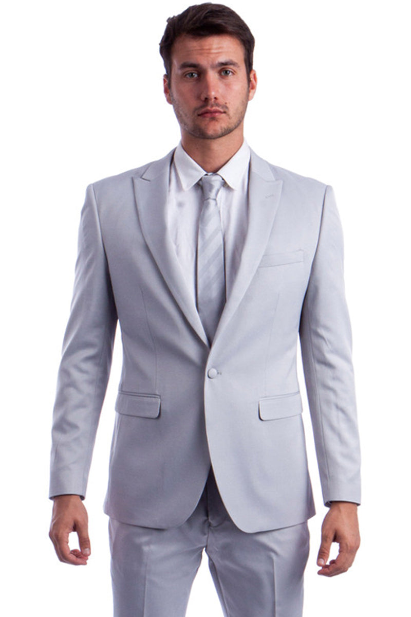 Men's One Button Peak Lapel Basic Slim Fit Suit in Light Grey