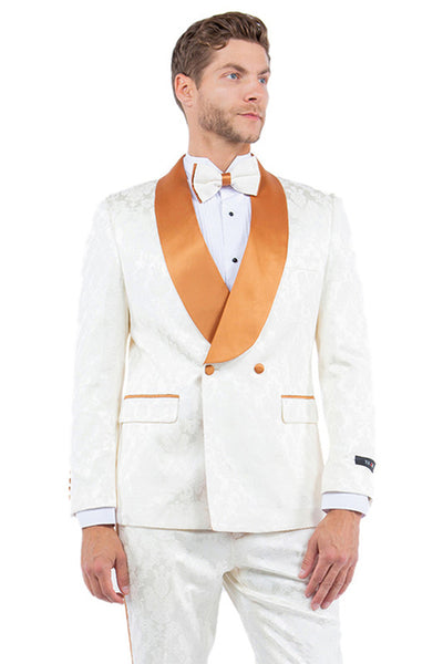 Men's Slim Fit Double Breasted Paisley Smoking Jacket Prom & Wedding Tuxedo in Ivory & Golden Rust